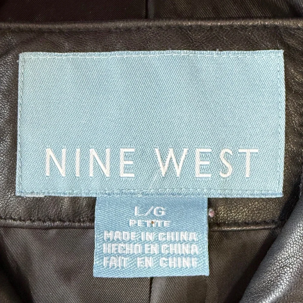 Nine West Black Genuine Leather Zip Up Collared Jacket Womens Large Petite L/P